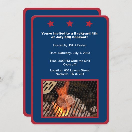 Blauw 4 juli Hamburger Barbecue Uitnodiging (Voorkant / Achterkant)