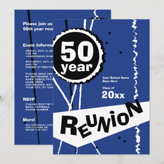  blauw 50 jaar Uitnodiging van de Klasse Reunion (Voorkant / Achterkant)