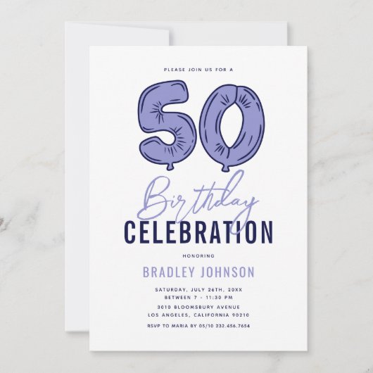 Blauw 50e verjaardagsfeest kaart (Voorkant)
