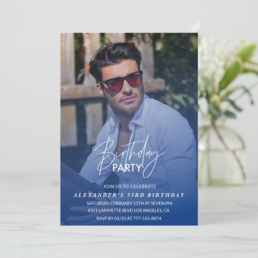 Blauw 53e verjaardag uitnodiging Verjaardagsfeest (Staand voorkant)