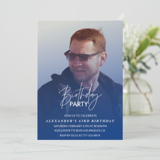 Blauw 63e verjaardag uitnodiging Verjaardagsfeest (Staand voorkant)