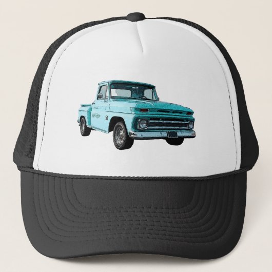 Blauw '64 Chevy stepside pickup op vrachtwagenhoed Trucker Pet (Voorkant)