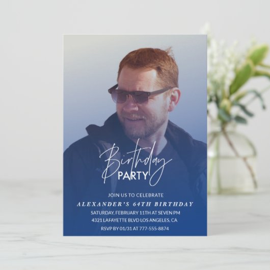 Blauw 64e verjaardag uitnodiging Verjaardagsfeest  (Staand voorkant)