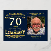 Blauw 70ste verjaardag vintage goud folie uitnodiging (Voorkant)