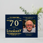 Blauw 70ste verjaardag vintage goud folie uitnodiging (Staand Voorkant)