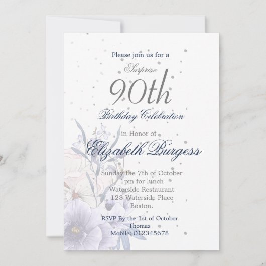 Blauw 90ste verjaardag bloem zilver elegant chic kaart (Achterkant)