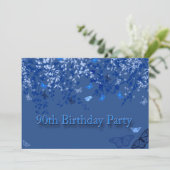 Blauw 90ste verjaardag Party uitnodiging / vlinder (Staand voorkant)