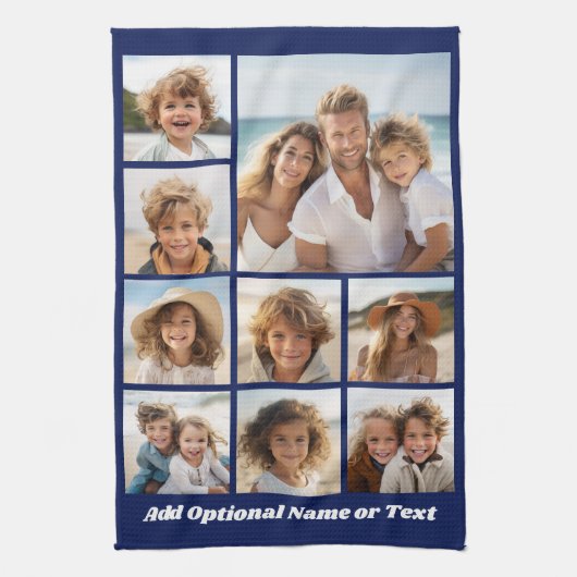 Blauw 9 Photo Square Collage - met script wit Theedoek (Verticaal)