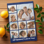Blauw 9 Photo Square Collage - met script wit Theedoek<br><div class="desc">U kunt vierkante of selfie foto's voor dit ontwerp gebruiken. Gebruik acht vierkante foto's om een uniek en persoonlijk cadeau te creëer. Als u de afbeeldingen moet aanpassen,  klik op het aanpassingshulpmiddel om veranderingen aan te brengen.</div>