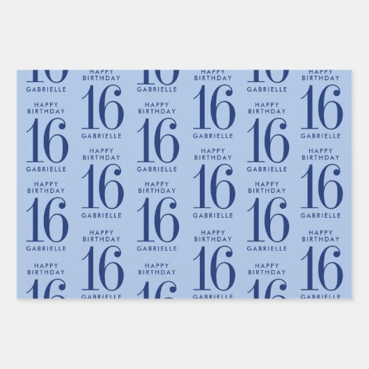 Blauw Aangepast aangepaste leeftijd 16e verjaardag Inpakpapier Vel (Voorkant 3)