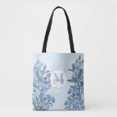 Blauw Aangepast Monogram Bloemen Botanische Elegan Tote Bag (Voorkant)