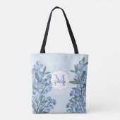 Blauw Aangepast Monogram Bloemen Botanische Elegan Tote Bag (Achterkant)