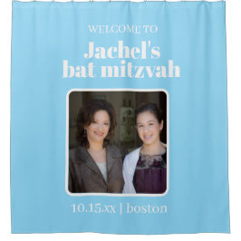Blauw Aangepaste Cute Bat Mitzvah Foto Welkom Douchegordijn