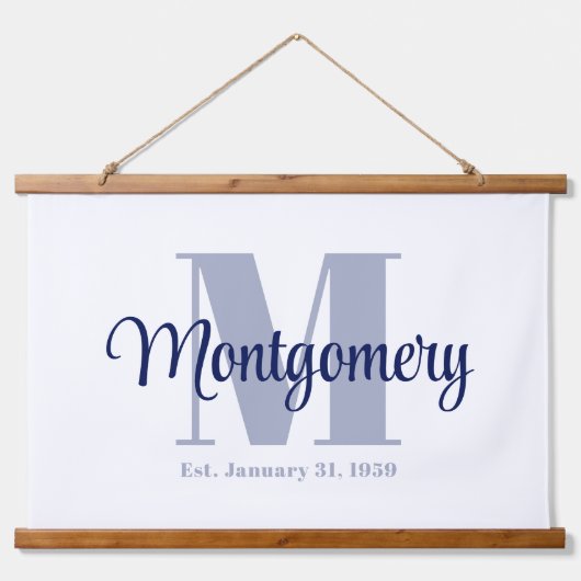 Blauw Aangepaste Familienaam Teken Trouwcadeau Ide Hangend Wandkleed (Voorkant)