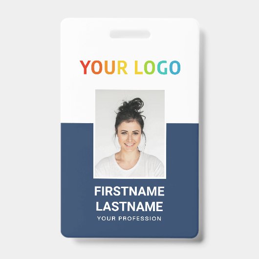 Blauw | Aangepaste foto van werknemer, inline logo Badge (Voorzijde)