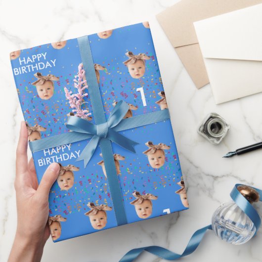 Blauw Aangepaste Gezichtsfoto Kinder 1e Verjaardag Cadeaupapier (Geschenken)