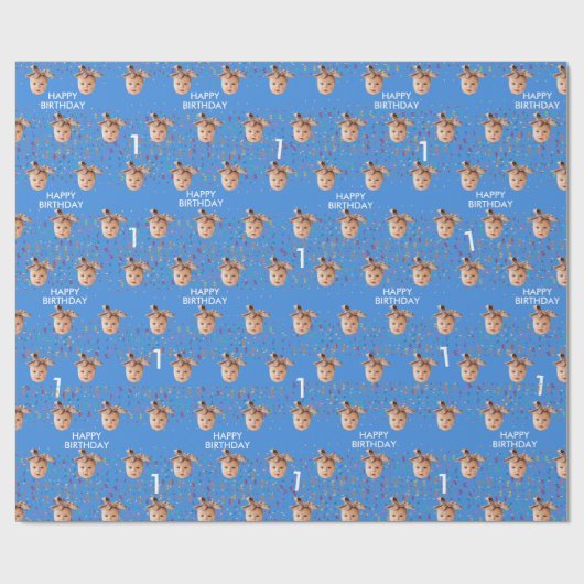 Blauw Aangepaste Gezichtsfoto Kinder 1e Verjaardag Cadeaupapier (Vlak)