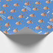 Blauw Aangepaste Gezichtsfoto Kinder 1e Verjaardag Cadeaupapier (Hoek)