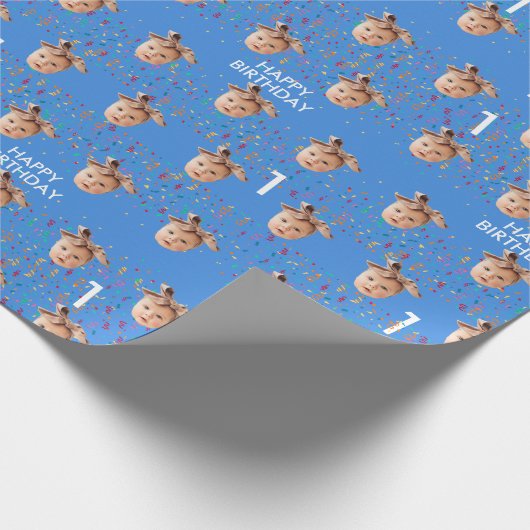 Blauw Aangepaste Gezichtsfoto Kinder 1e Verjaardag Cadeaupapier (Hoek)
