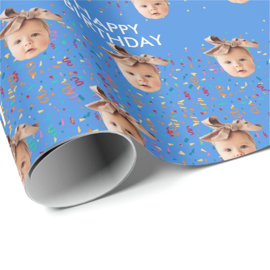 Blauw Aangepaste Gezichtsfoto Kinder 1e Verjaardag Cadeaupapier (Rol Hoek)
