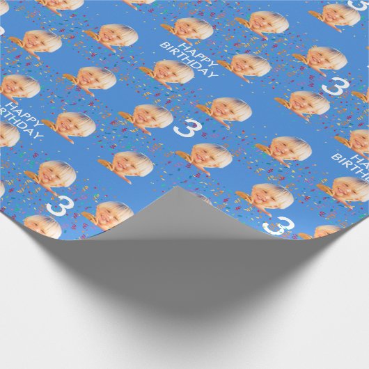 Blauw Aangepaste Gezichtsfoto Kinder 3e Verjaardag Cadeaupapier (Hoek)