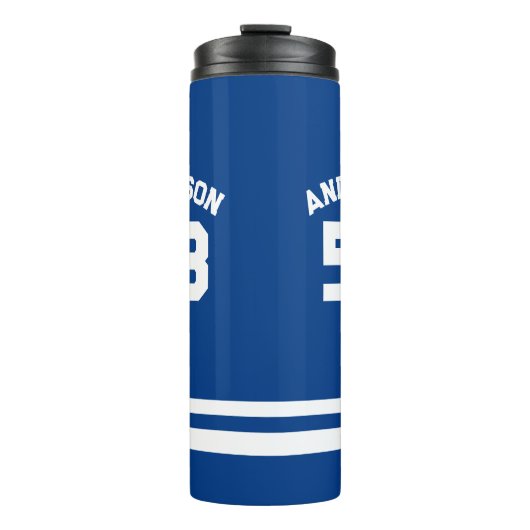Blauw aangepaste naam & nummer sportfan thermosbeker (Voorkant)