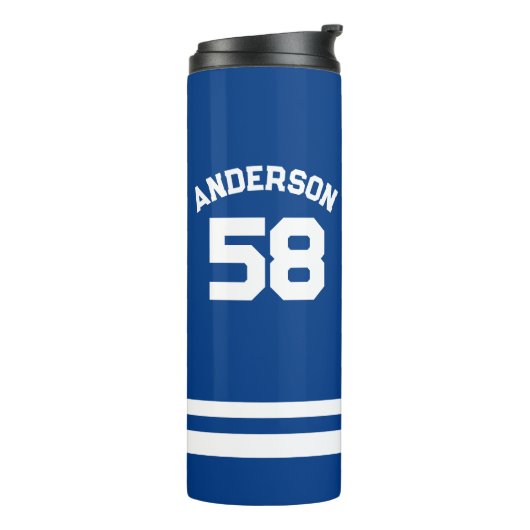 Blauw aangepaste naam & nummer sportfan thermosbeker (Gedraaid links)