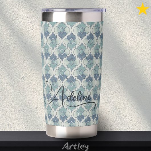 Blauw Aangepaste Naam Waterverf Geometrisch Patroo Geïsoleerde Drinkbeker