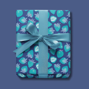 Blauw aardbeienpatroon inpakpapier vel