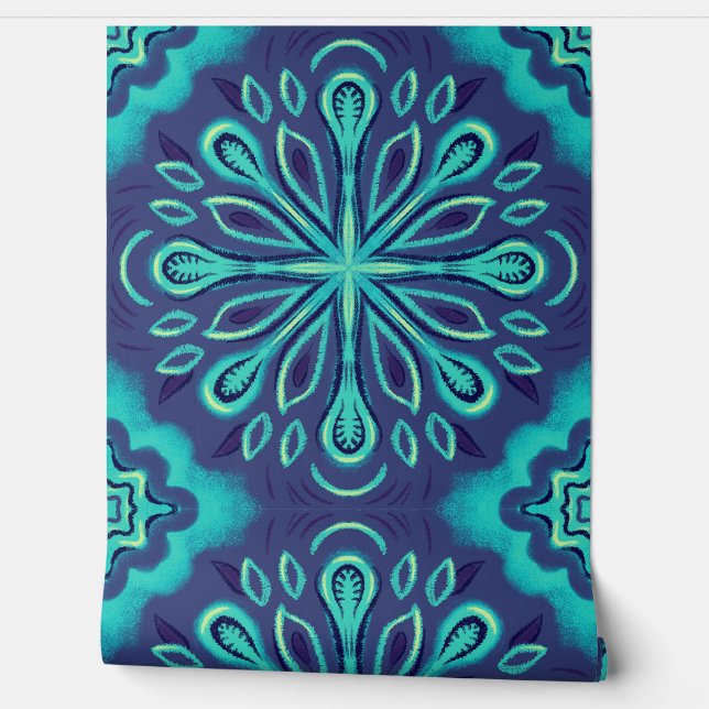 Blauw Abstract Bloem Boho Behang (Afrollen)