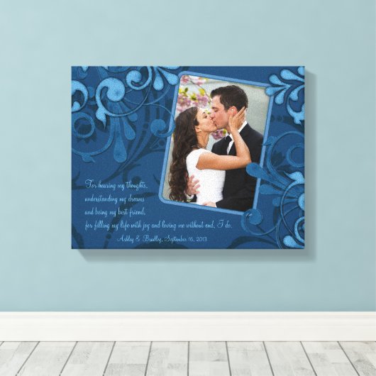 Blauw Abstract Bloemen Bruiloft Fotosjabloon Canva Canvas Afdruk (Insitu (Houten vloer))