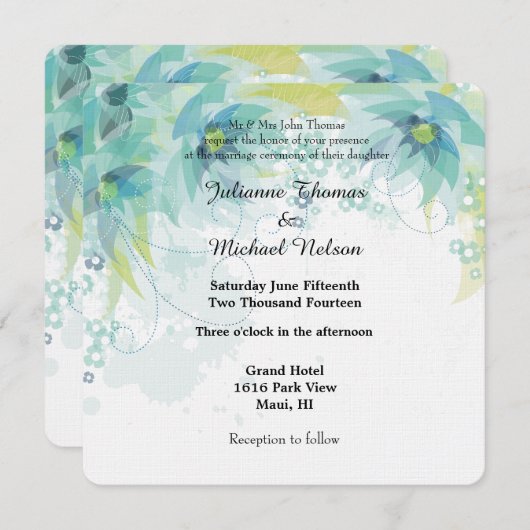 Blauw Abstract Bloemen Bruiloft Kaart (Voorkant / Achterkant)