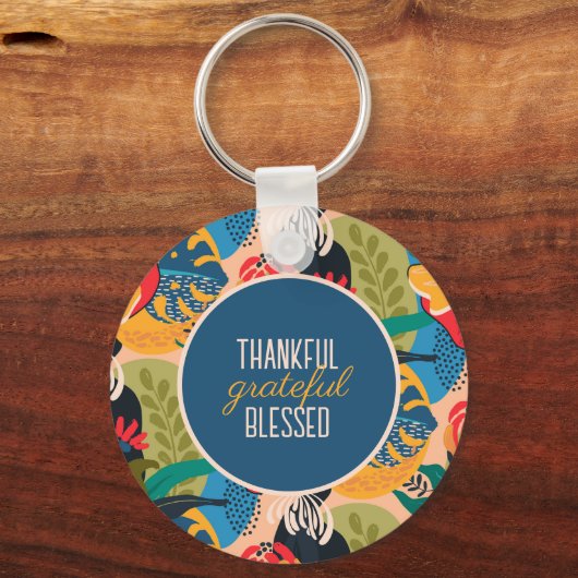 Blauw Abstract Bloemen Dankbaar Dankbaar Gezegend Sleutelhanger (Voorkant)