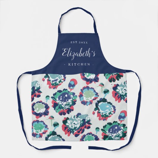 Blauw abstract bloempatroon op maat gekookt schort (Voorkant)