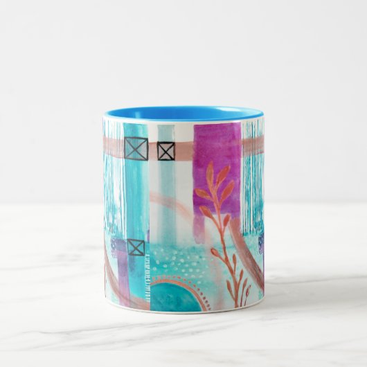 Blauw Abstract geometrisch helder roze rood Tweekleurige Koffiemok (Center)