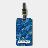 Blauw abstract geometrisch patroon aangepaste naam bagagelabel (Voorkant verticaal)