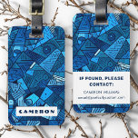 Blauw abstract geometrisch patroon aangepaste naam bagagelabel<br><div class="desc">Bagagelabel met een abstract,  geometrisch patroon in tinten blauw en jouw naam. Contactgegevens op de achterkant.</div>