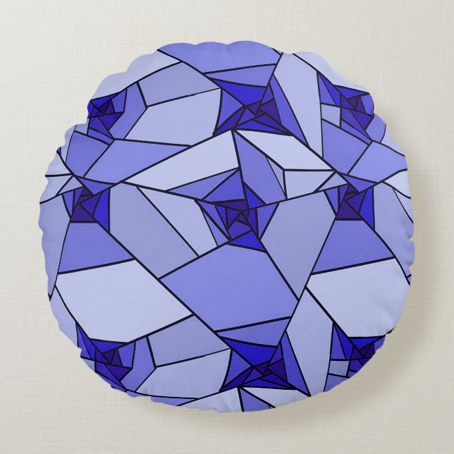 Blauw Abstract Geometrisch Patroon Rond Kussen (Voorkant)