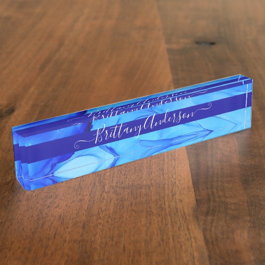 Blauw Abstract Inktvlek Mooie Douane Naambordje (Zijkant)