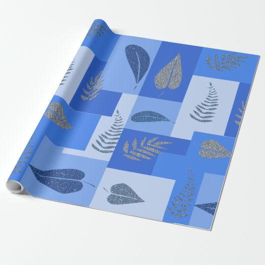 Blauw Abstract Inpakpapier met Bladeren (Uitgerold)