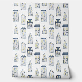 Blauw abstract lijnhuispatroon behang