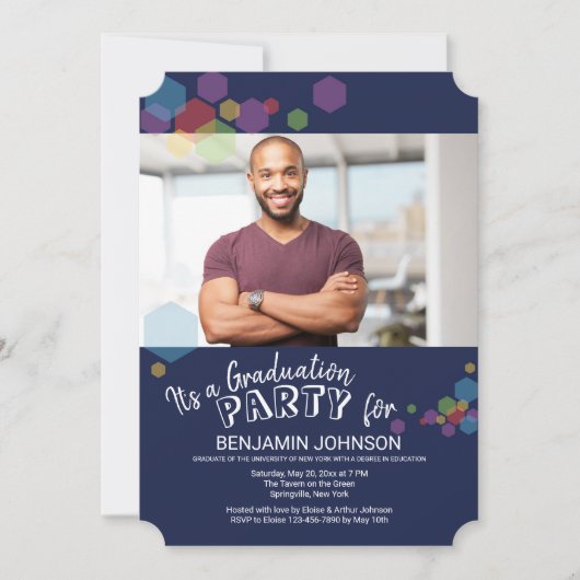 Blauw Abstract met Hexagons Photo Invitation Kaart (Voorkant)