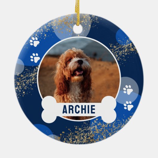Blauw Abstract Paw Print Pet Photo Keramisch Ornament (Achterkant)