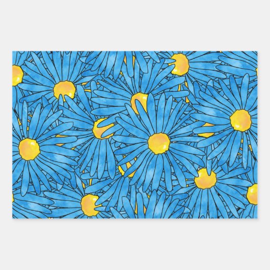 Blauw Abstract Pen & Waterverf Aster Patterns Inpakpapier Vel (Voorkant 3)