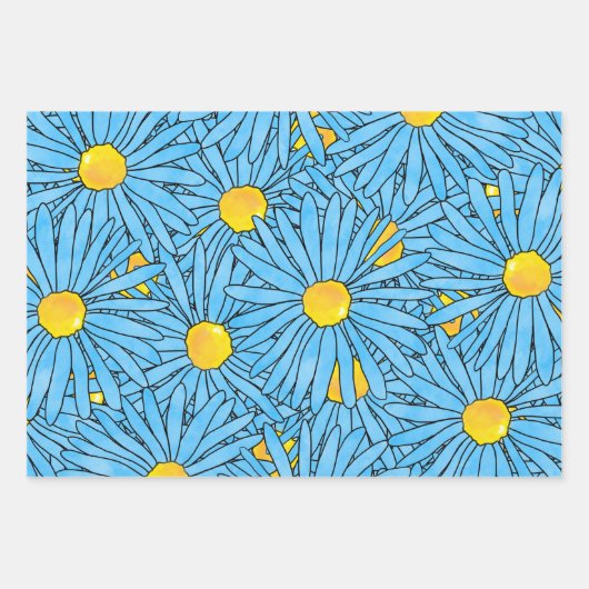 Blauw Abstract Pen & Waterverf Aster Patterns Inpakpapier Vel (Voorkant 2)
