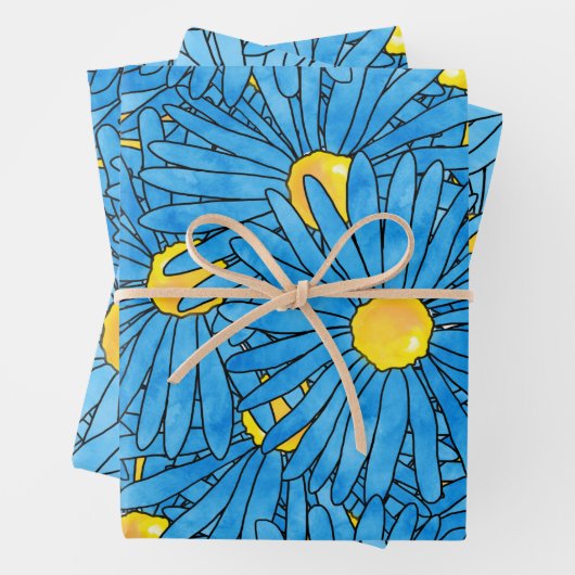Blauw Abstract Pen & Waterverf Aster Patterns Inpakpapier Vel (In situ)