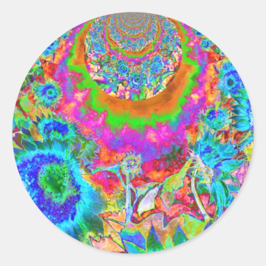 Blauw abstract schilderij van zonnebloempitten, wa ronde sticker (Voorkant)