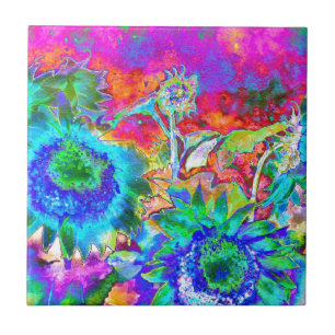 Blauw abstract schilderij van zonnebloempitten, wa tegeltje