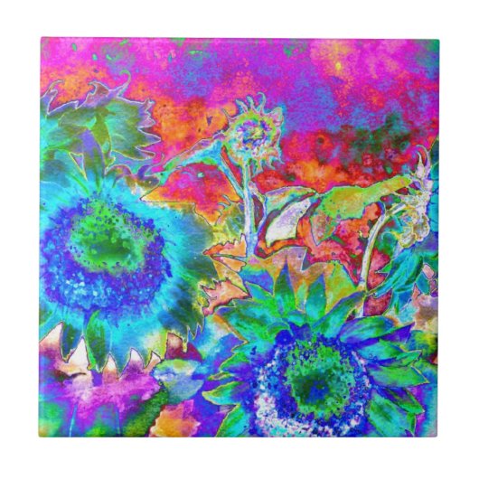 Blauw abstract schilderij van zonnebloempitten, wa tegeltje (Voorkant)