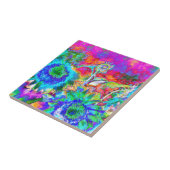 Blauw abstract schilderij van zonnebloempitten, wa tegeltje (Zijkant)